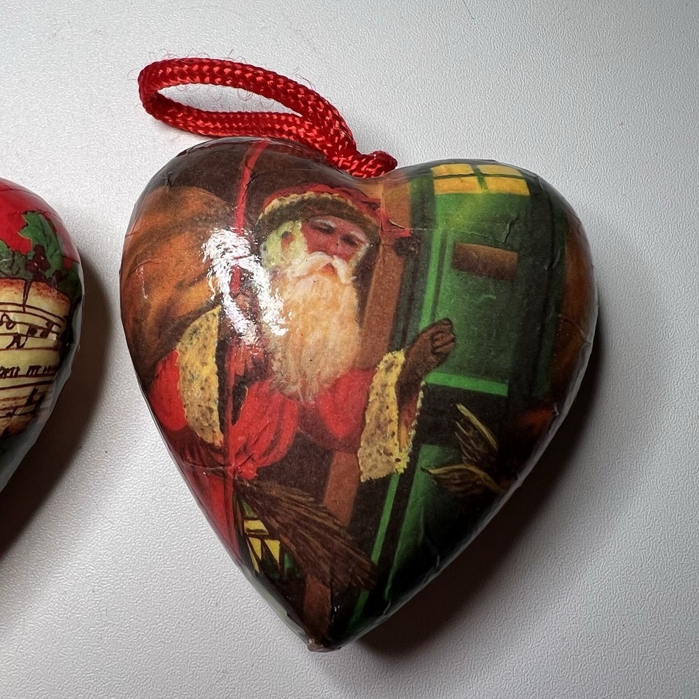 Set Of 2-Vintage Heart-Shaped Paper Mache Christmas Ornaments Victorian Santa